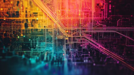 Fototapeta premium Heatmap of a city's public transit system, with vibrant colors showing the most heavily used routes and stations, cooler tones in the less crowded areas. 4K hyperrealistic photo.
