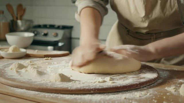 Unrecognizable female prepares pastry, kneads dough on wooden table. Woman cook bakes bread. Close-up. Hands of girl make dough in the kitchen for bread or baking. Flour is on the table.