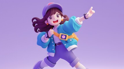 Happy 3D Cartoon Girl Pointing to the Side.