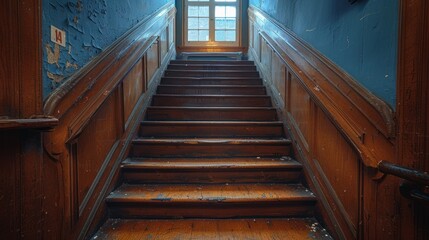 Obraz premium Mysterious staircase leading to an open window in an old building with peeling blue paint at dusk. Generative AI
