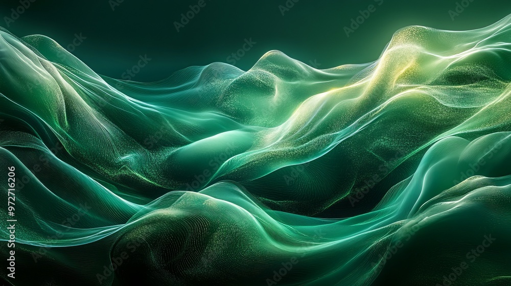 Aufkleber abstract digital art of green flowing waves with a touch of luminance, creating a serene and dynamic