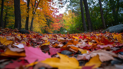 Orange fall leaves in park, autumn natural background, Autumn Landscape - Trees And Orange Foliage In Park