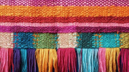 Obraz premium Colorful woven textile showcasing intricate patterns and vibrant fringes, emphasizing craftsmanship and culture from a local artisan market