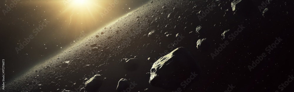 Aufkleber asteroids drifting through the dark expanse of space illuminated by a distant star during a cosmic s