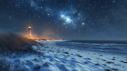 Snowy beach with distant, glowing lighthouse under a starry sky, with the snow-covered sand reflecting the light of the stars. 4K hyperrealistic photo.