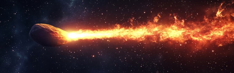 A fiery meteor streaks across the night sky, illuminating the vast expanse of space with its brilliant tail of flames