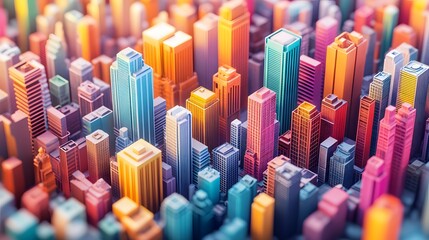Obraz premium An isometric cityscape showcasing vibrant buildings from an aerial view, featuring geometric shapes and pastel colors, creating a detailed urban visualization with a clean design.