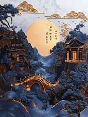 Obraz premium Enchanting Oriental Landscape with Pagodas and Serene River