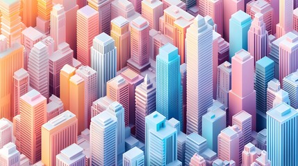 Obraz premium An isometric cityscape showcasing vibrant buildings from an aerial view, featuring geometric shapes and pastel colors, creating a detailed urban visualization with a clean design.
