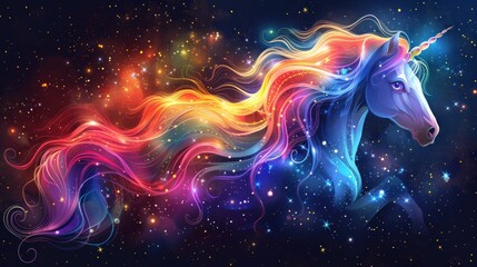 A vibrant unicorn gallops through a galaxy filled with colorful stars and cosmic splendor at twilight. Generative AI