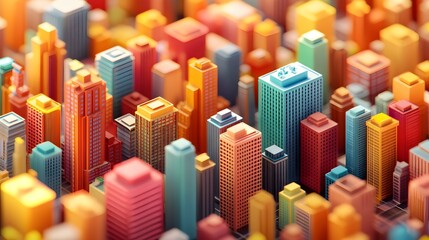 Obraz premium An isometric cityscape showcasing vibrant buildings from an aerial view, featuring geometric shapes and pastel colors, creating a detailed urban visualization with a clean design.