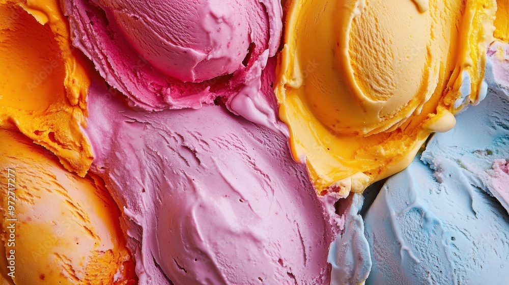 Poster vibrant assortment of delicious ice cream scoops displayed on a colorful background perfect for a su