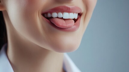 Obraz premium Close up cropped profile portrait of qualified doctor woman lick teeth white coat isolated on grey color background