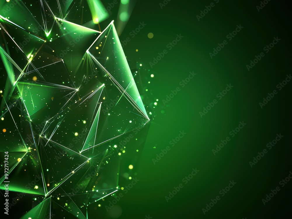 Poster abstract green triangular shapes with luminous highlights and a glowing background.