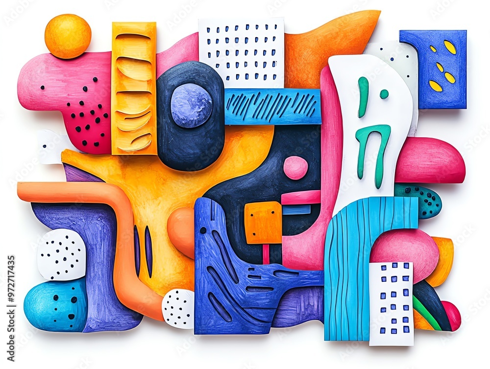 Poster Abstract colorful shapes and patterns in a collage style.