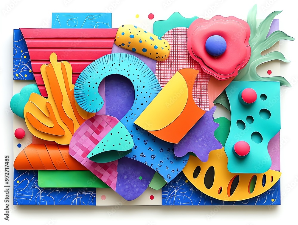 Poster abstract colorful shapes and patterns in 3d design.