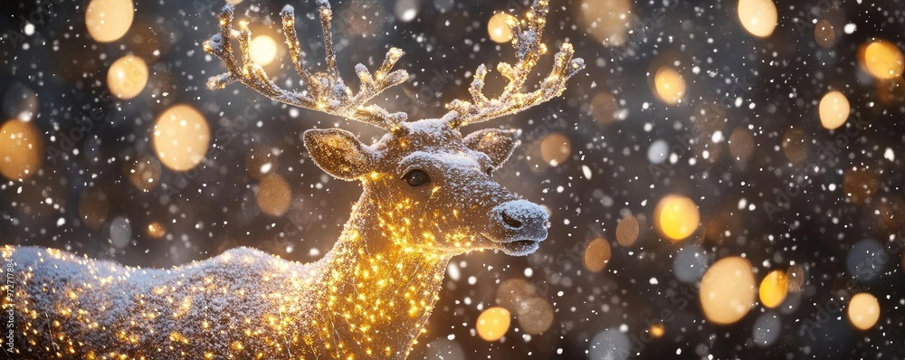 Poster a beautifully lit deer adorned with sparkling lights, set against a backdrop of softly falling snow 
