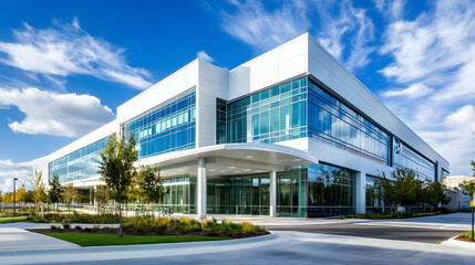 Obraz premium A spacious, modern hospital with a sleek white and blue facade, featuring large windows that mirror the sky and well-kept surroundings.