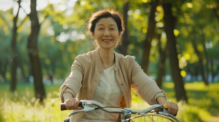 Obraz premium A woman is riding a bicycle in a park