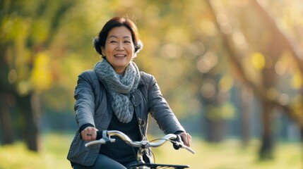 A woman is smiling and riding a bicycle in a park