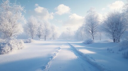 Obraz premium Snowy landscapes with vast white fields, untouched snow, and delicately snow-covered trees create a magical atmosphere of serenity and purity. 4K hyperrealistic.