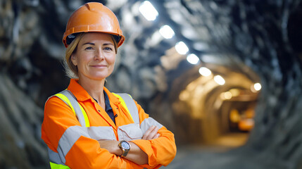 Experienced mining engineer overseeing underground construction in well-lit tunnel, displaying professionalism and expertise
