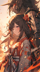 Anime boy and girl in samurai uniform style in Vertical background