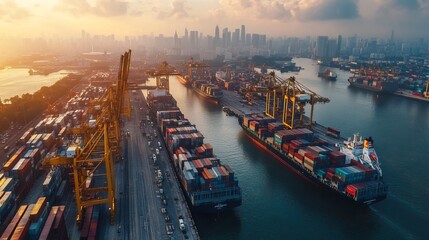 Naklejka premium Expansive aerial shot of a bustling harbor with ships docked, cranes loading containers, and a city skyline in the background. 4K hyperrealistic photo.