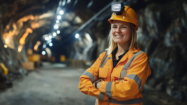 Fototapeta Smiling female miner standing with crossed arms in a brightly lit mine tunnel