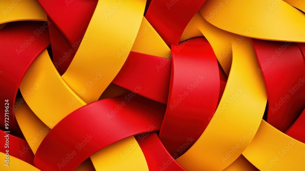 Poster colorful woven ribbon pattern featuring red and yellow ribbons entwined in an intricate design