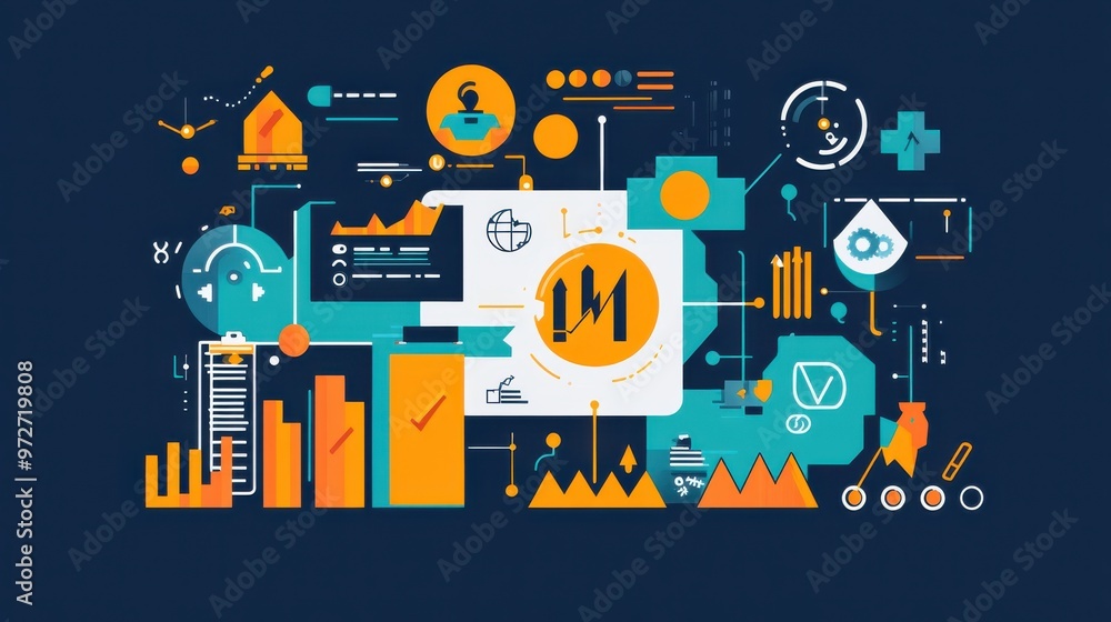 Poster Colorful abstract design featuring data visualization elements and icons representing technology, finance, and analytics