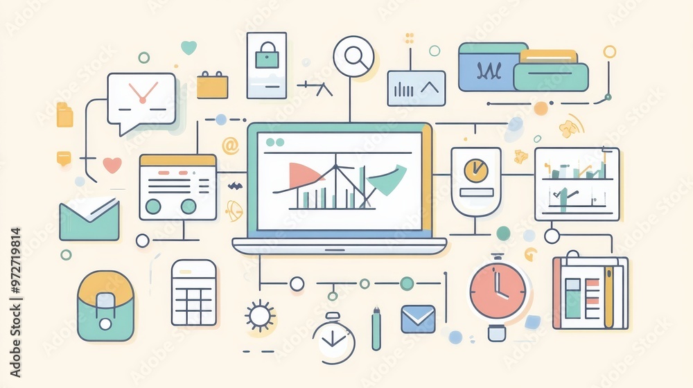 Poster Colorful digital dashboard with various icons representing data analysis and productivity tools in a creative workspace