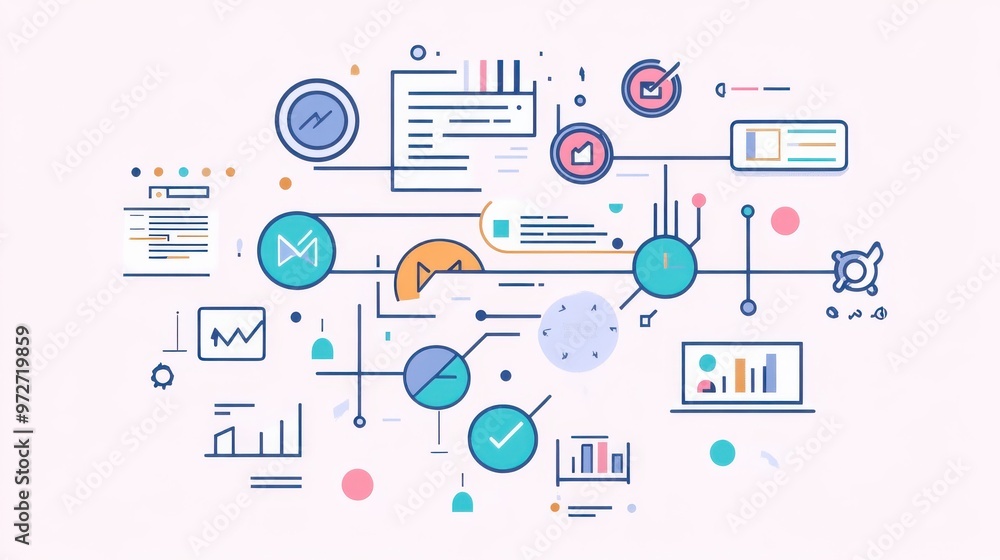 Fototapete colorful digital analytics and data visualization elements showcasing graphs, charts, and metrics on