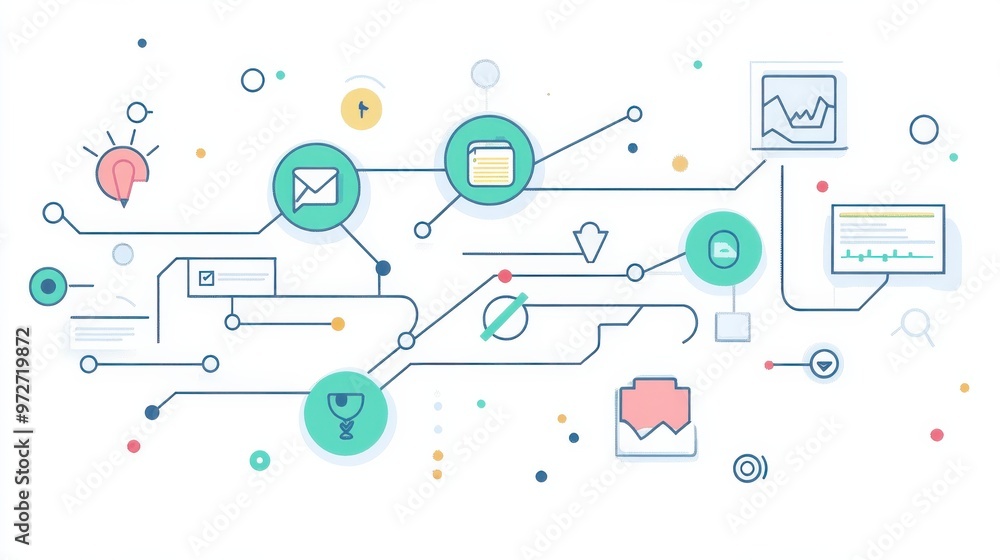 Poster visual representation of digital communication pathways with icons signifying data exchange and inte