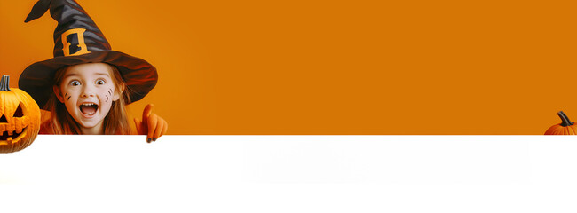 Fototapeta premium Banner of a young girl surprised with a halloween witch's hat holding a white blank banner for a message on a orange background. Spacy text. Commercial and seasonal event.