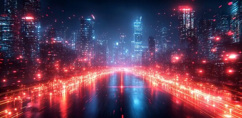 Fototapeta premium Futuristic Cityscape with High-Speed Data Transfer Lines in Red and Blue - AI generated illustration