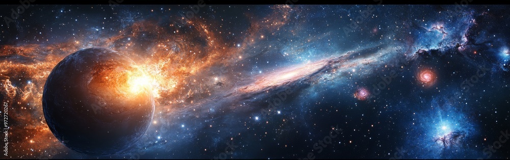 Poster A stunning celestial view of a colorful galaxy and its surrounding planets illuminated by distant stars in the vast universe