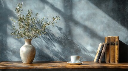 Vase with Olive Branches and Coffee Cup on Wooden Table with Books - AI generated illustration