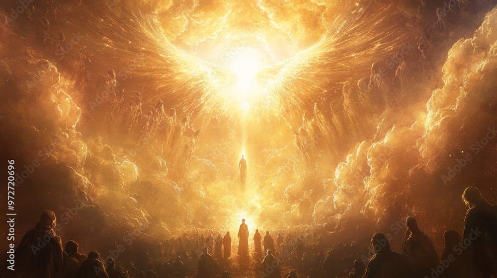 Poster majestic celestial ascent with figures in awe beneath an illuminated angelic presence in a dramatic 