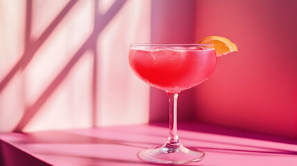 Refreshing pink daiquiri cocktail sitting on a bright pink background, sun shining through a window, creating a summer vibe