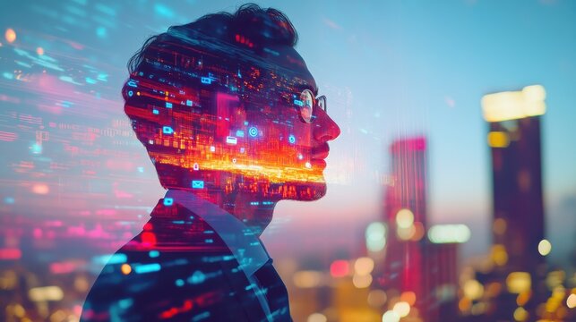 A business professional gazes thoughtfully at a city skyline illuminated by digital overlays during twilight in an urban setting