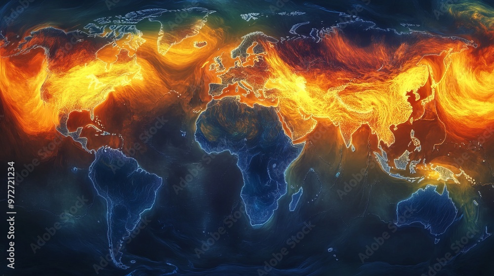 Poster detailed heatmap of global weather patterns, with swirling colors representing temperature variation