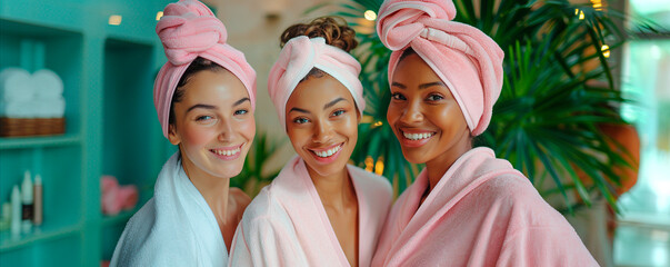 Portrait of three smiling women in spa of different nationalities with towels in their hair