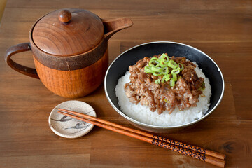 Miso meat sauce (Niku Miso) is a tasty Japanese side dish of minced meat seasoned with miso (fermented soybean paste), mirin and spices. It is often served as a topping on a bowl of rice.