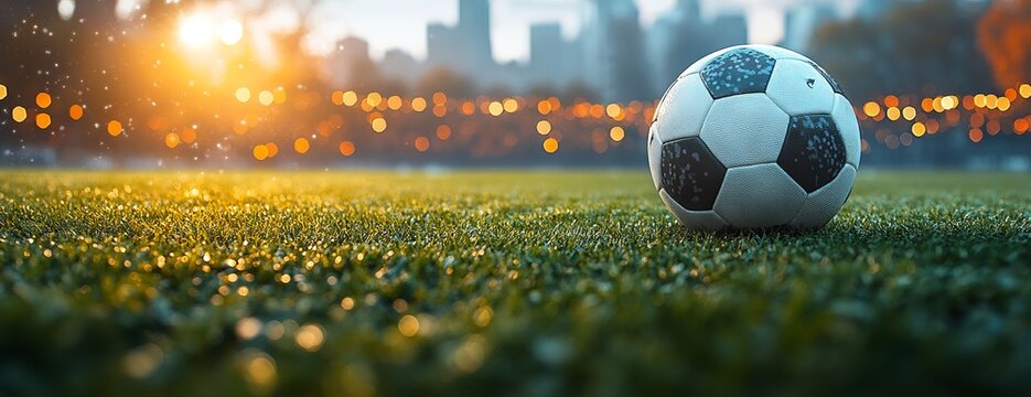 Soccer Ball on Grass with Lights and Background Soccer Balls - Digital Illustration for Football Championship Concept. AI generated illustration