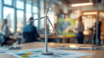 Fototapeta premium White miniature wind turbine standing on meeting table with documents and digital tablet, engineers discussing project in background