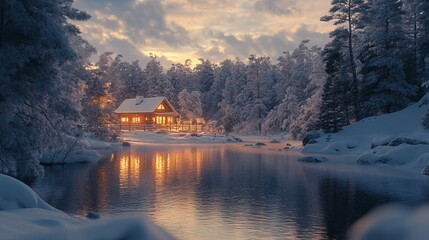 Obraz premium Winter landscape illuminated by the warm glow of a distant cabin, with the snow-covered ground reflecting the light and creating a cozy, inviting scene. 4K hyperrealistic photo.