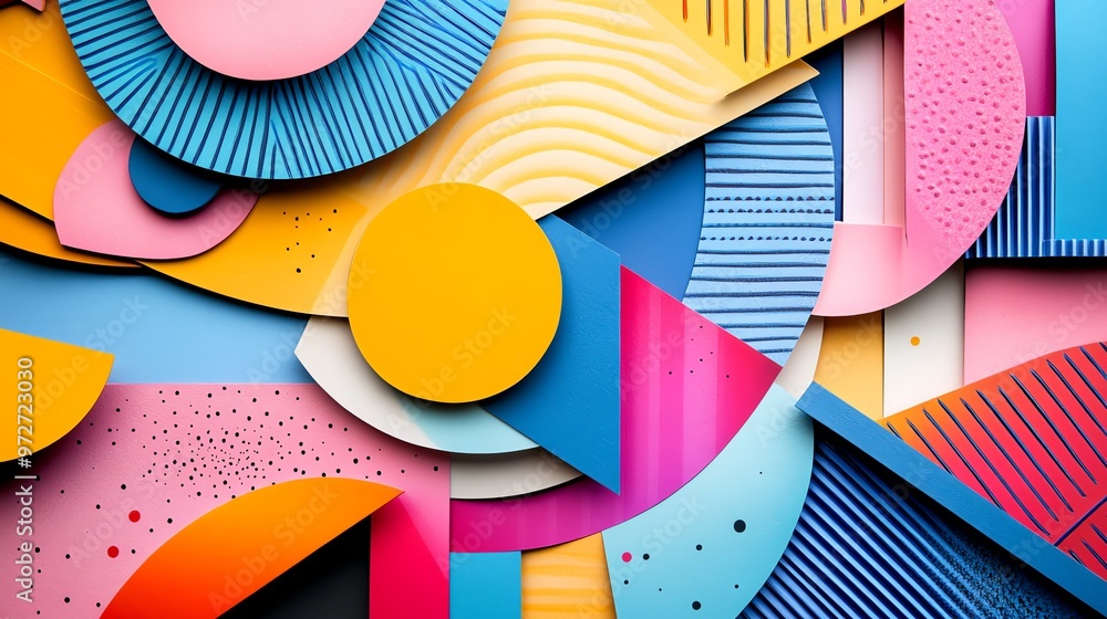 Poster abstract geometric pattern with bright colors and various shapes and textures.