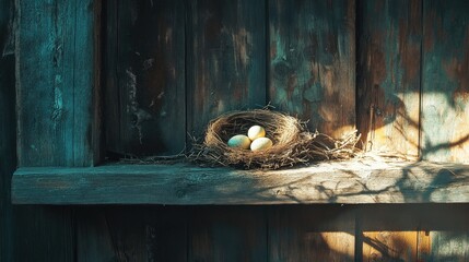 Obraz premium A bird nest resting on the ledge of a wooden house, with morning sunlight softly illuminang the eggs