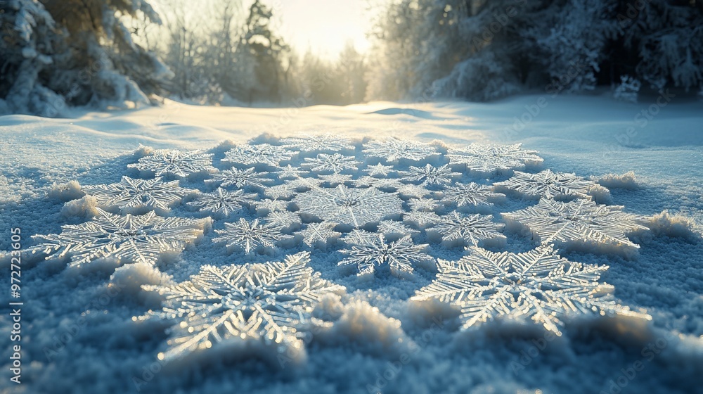 Poster snowflakes arranged in a perfect spiral on a snowy field, each flake contributing to a larger geomet